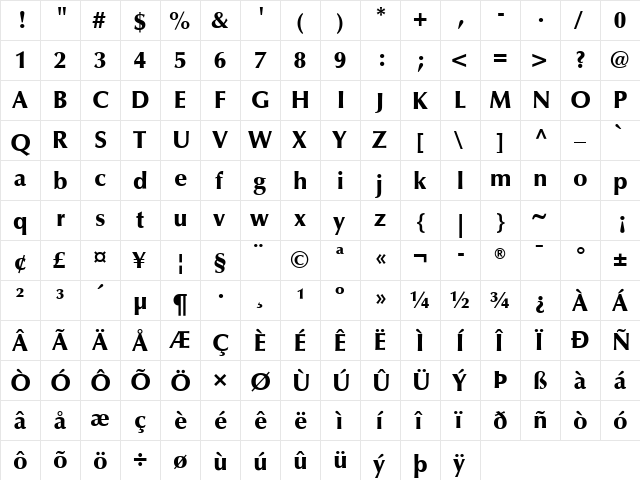 Optima LT Std Black Black  glyph index