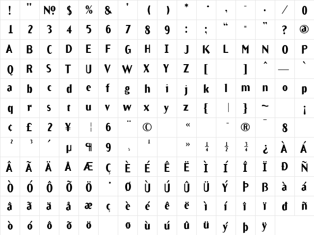 ArbitraryBold Regular  glyph index