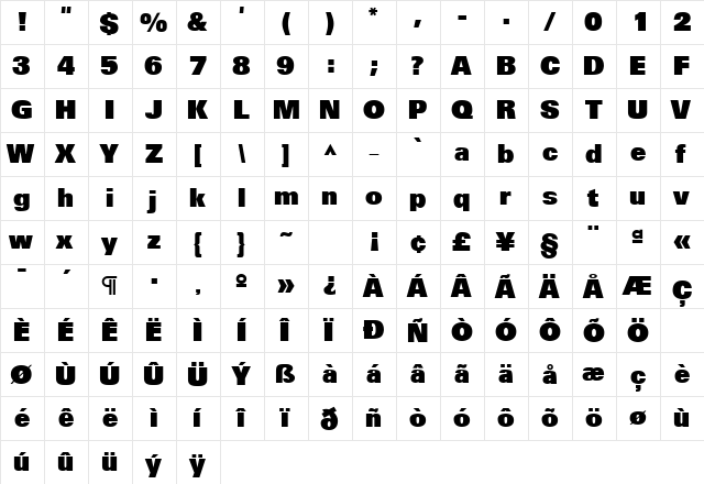 Unpact Regular  glyph index