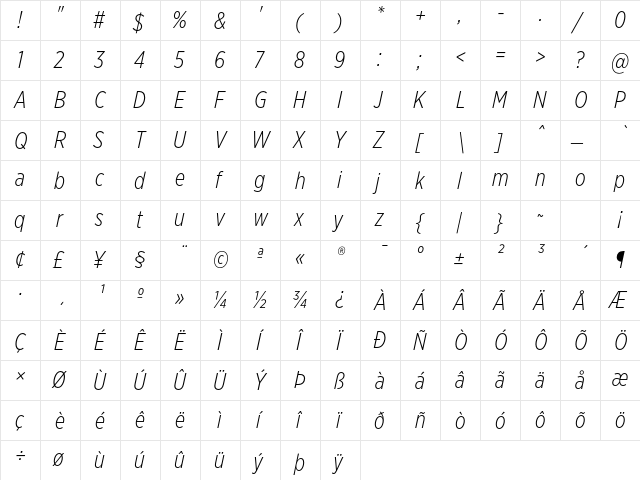 Gotham XNarrow Light Italic  glyph index