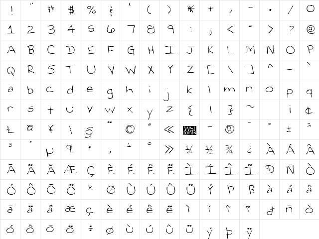 StacysHand Regular  glyph index