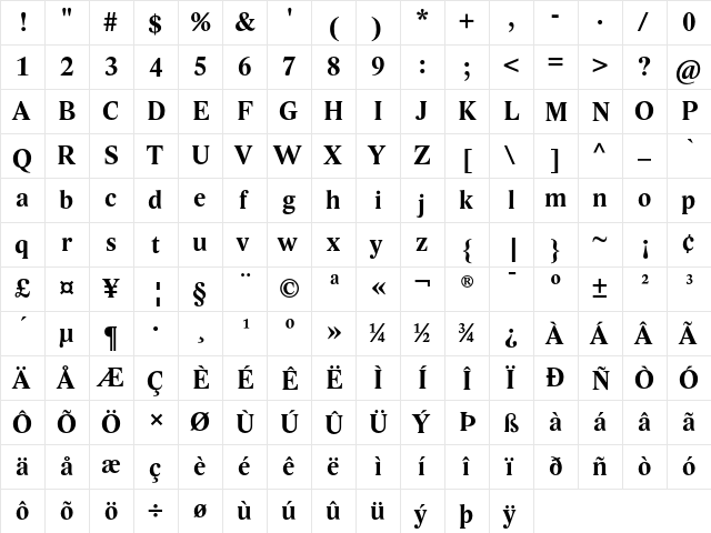 Lido STF Bold  glyph index