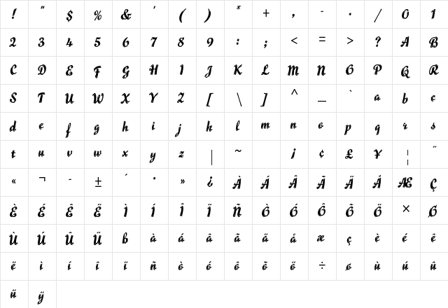 Flamme Std Regular  glyph index