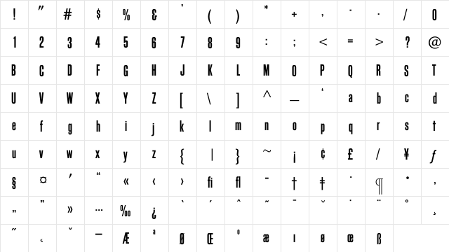 BlockGothicDemiExtraCond Regular  glyph index