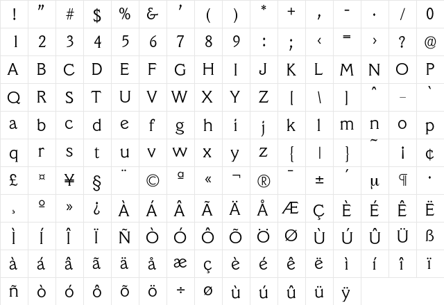 Veracruz-Light Regular  glyph index