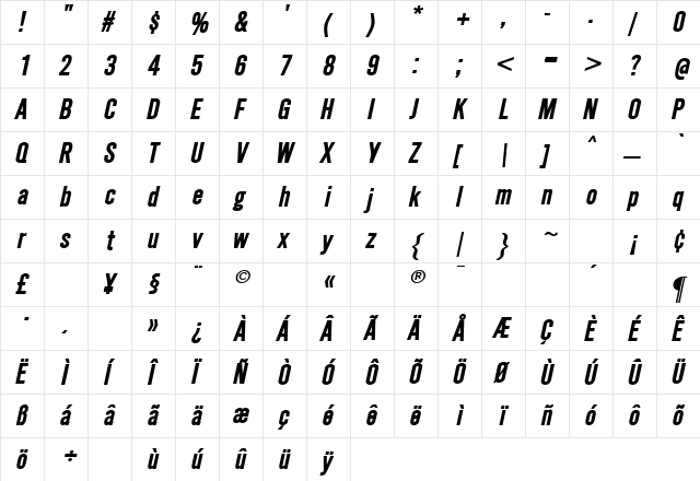 SimpleType BoldItalic  glyph index