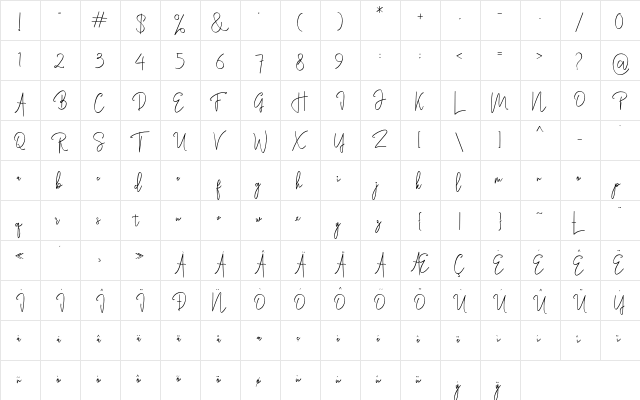 Rasendrya Regular  glyph index