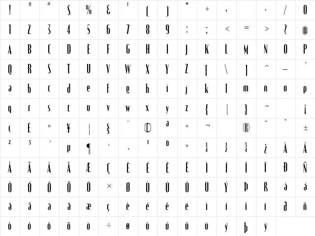 EunoiaCondensed Regular  glyph index