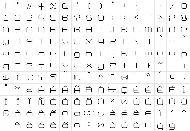 PhantomLight Regular  glyph index