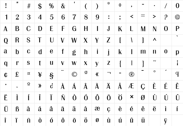 Grenoble Regular  glyph index