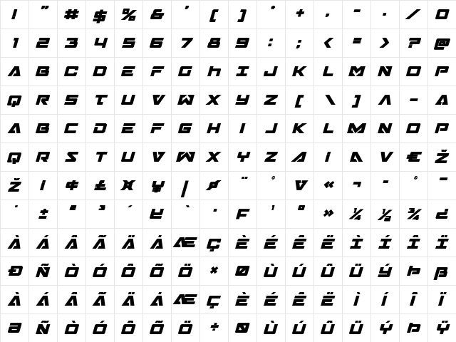 Trans-America Bold Italic Bold Italic  glyph index