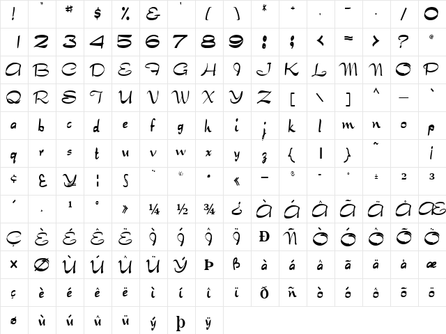 TabithaType32 Regular  glyph index