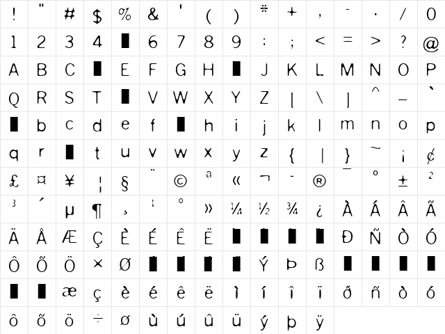 SLdemo Regular  glyph index