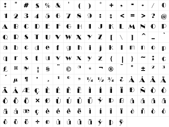 Broadway Engraved  glyph index