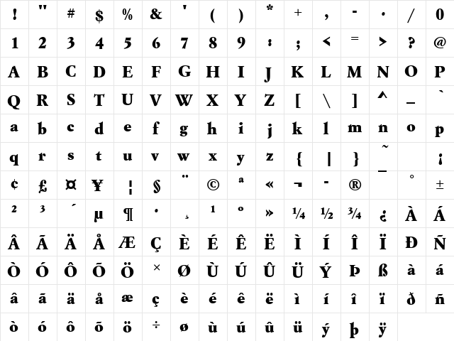 GaramondNo9TExtBol Regular  glyph index