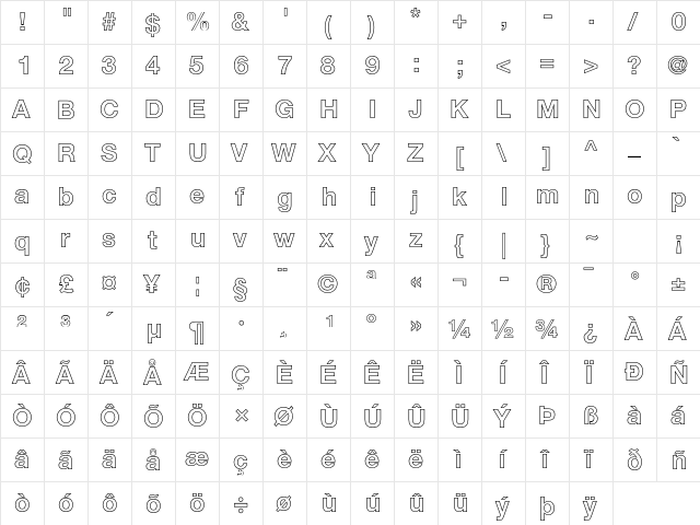 Helvetica Neue LT Pro 75 Bold Outline  glyph index