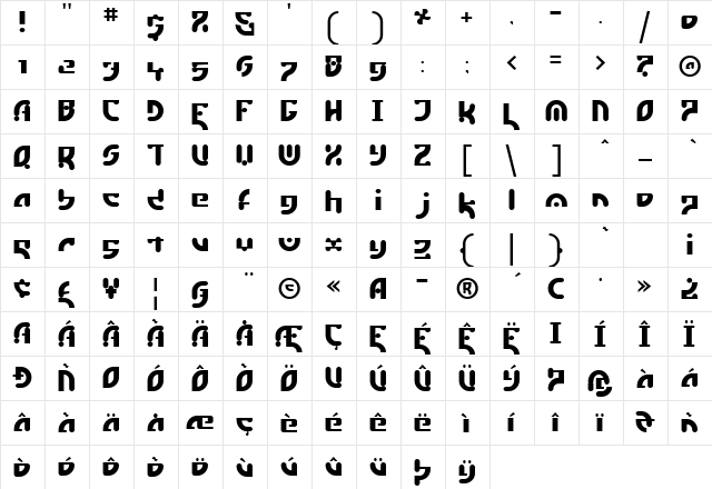 Estuki Regular  glyph index