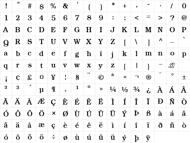 Bookman SSi Regular  glyph index