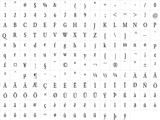 GaramondBE-Condensed Roman  glyph index