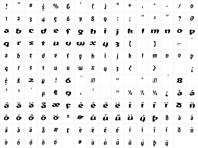 TotallyGothicWideCaps Regular  glyph index