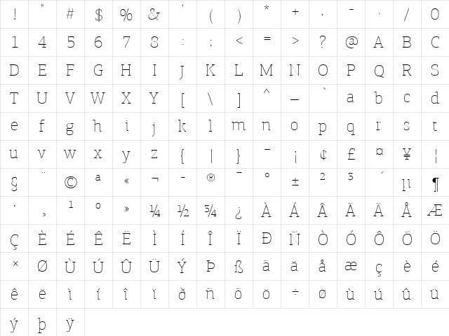PF Agora Slab Pro ExtraThin  glyph index