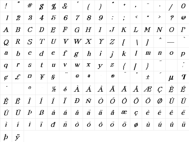 ProvLite-BoldIt Normal  glyph index