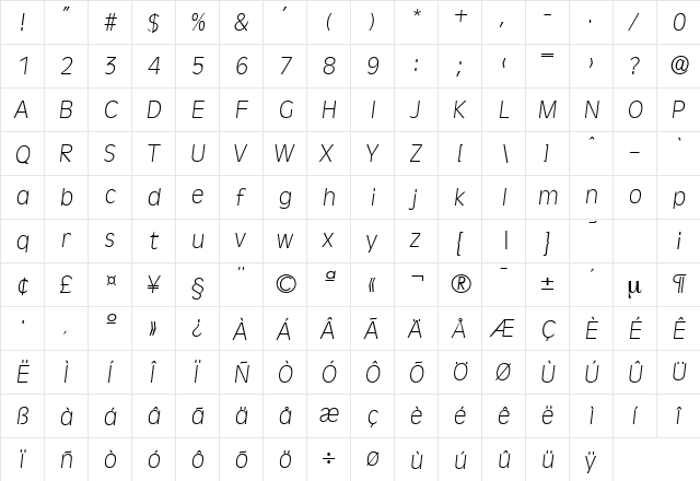 Ravenna-Serial-ExtraLight RegularItalic  glyph index