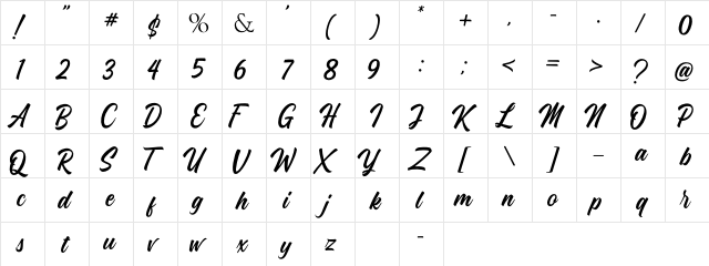 Metalia Regular  glyph index