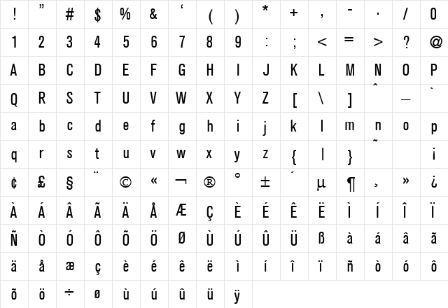 AkzeleratCondensed Normal  glyph index
