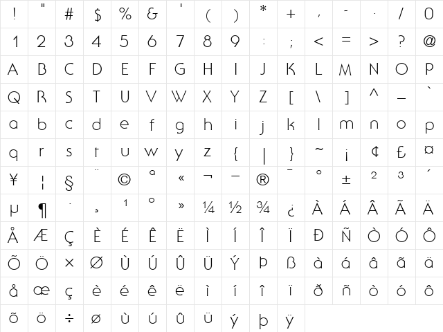 ITCSerifGothic-Light Light  glyph index