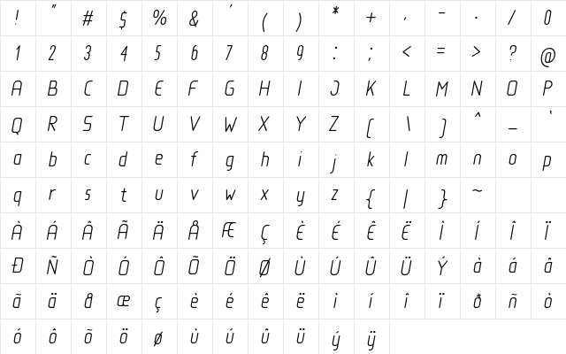 Loja Light Italic Regular  glyph index