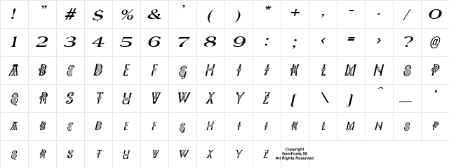 Pee's Celtic Italic Regular  glyph index