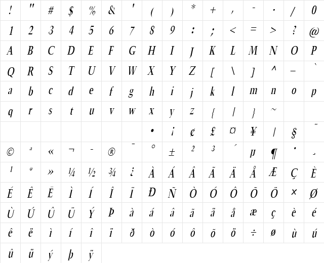 Horn-Condensed Italic  glyph index