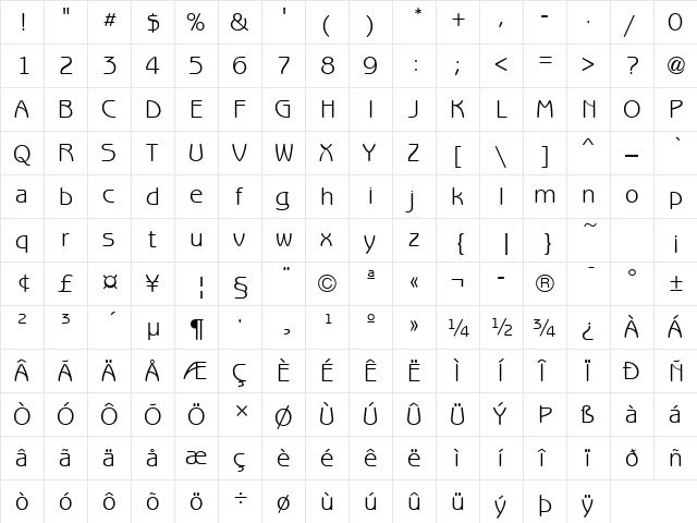 BenjaminGothic Regular  glyph index