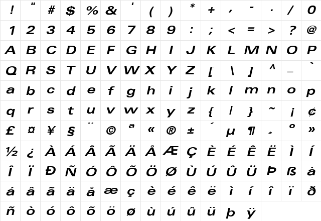 Univers-BoldExtObl Regular  glyph index