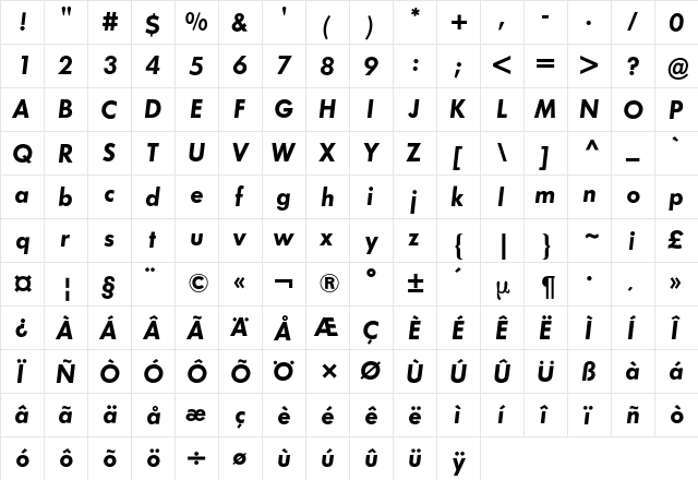 Futura BQ Regular  glyph index
