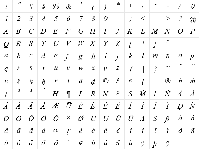 Times New Sanskrit Italic  glyph index