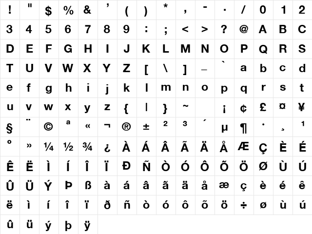 Helvetica-Bold Regular  glyph index