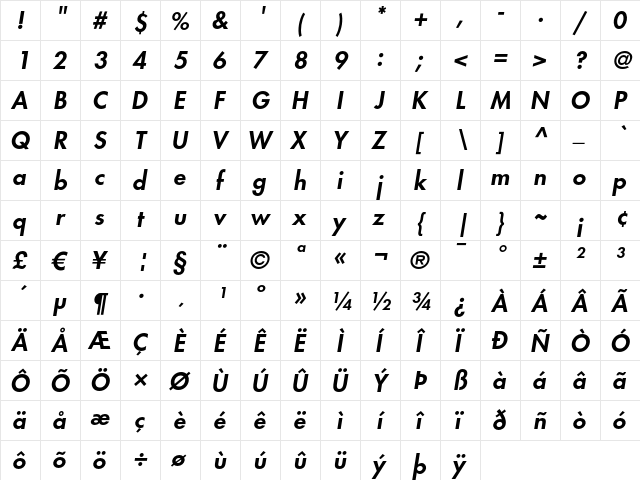 Futura LT Heavy Oblique  glyph index