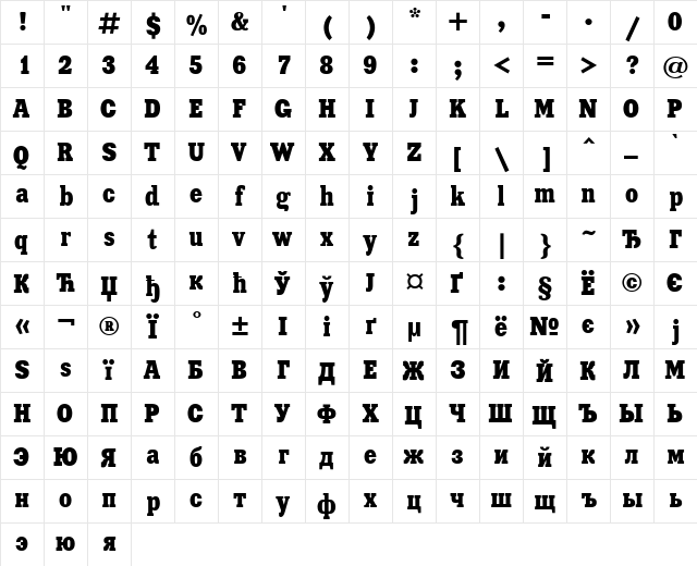 Xenia Condensed Cyrillic  glyph index