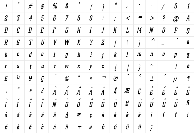 Geo 957 Thin Italic  glyph index