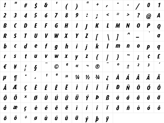 DaxCondensed-ExBoldItalic Regular  glyph index