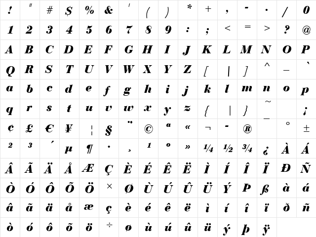 Bodoni-CE-Bold Italic  glyph index