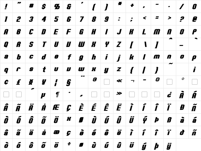 Erte Bold Italic  glyph index