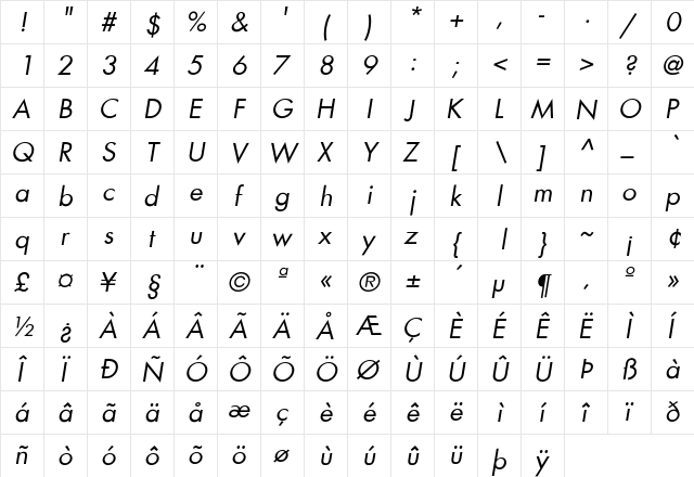 Futura-BookOblique Regular  glyph index