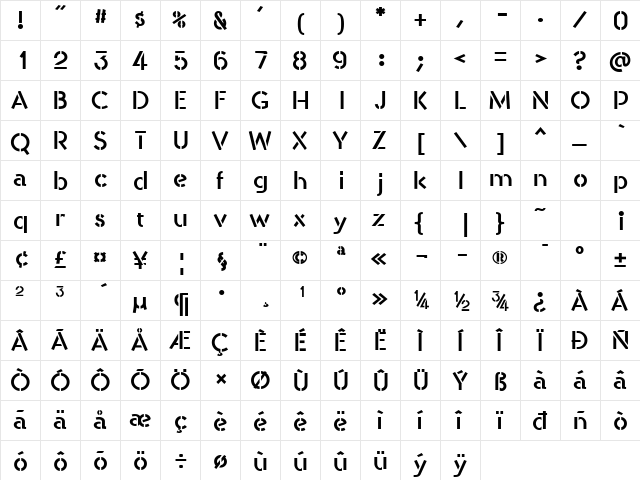 AndrewAndyStencil Bold  glyph index