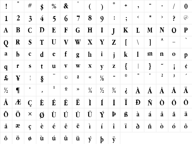 GaramondFLFCond-Bold Regular  glyph index