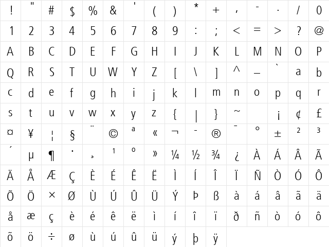 Frutiger LT Com 47 Light Condensed  glyph index