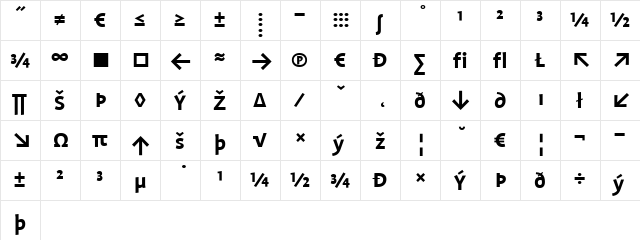 ProfileXP Bold  glyph index