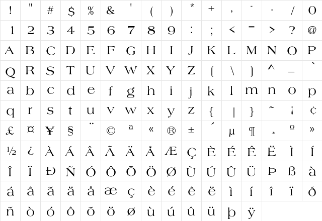 Heritage-Roman Regular  glyph index